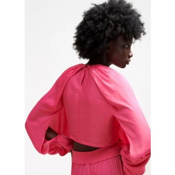 Zara Top Crop Balloon Statement Sleeve Hot Pink Bloggers Favorite Small - Picture 2 of 16